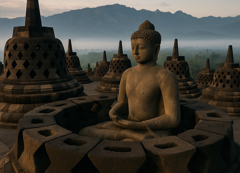 "Zonsopgang bij de Borobudur tijdens een Rondreis Midden-Java."