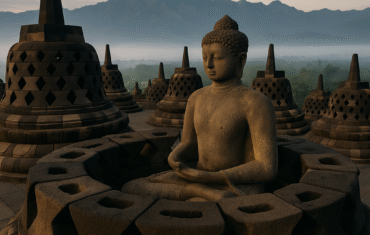 "Zonsopgang bij de Borobudur tijdens een Rondreis Midden-Java."
