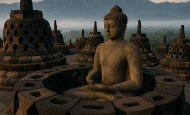 "Zonsopgang bij de Borobudur tijdens een Rondreis Midden-Java."