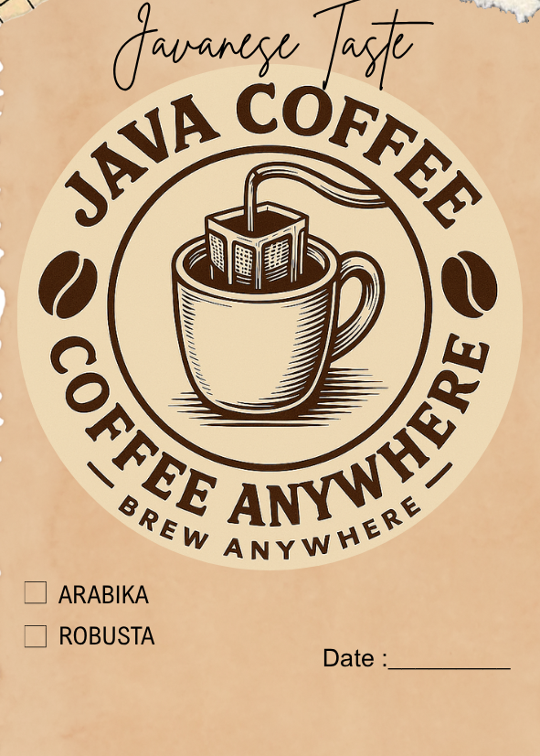 Vintage-style Java Koffee logo with coffee cup and drip bag illustration, slogan "Coffee Anywhere – Brew Anywhere"