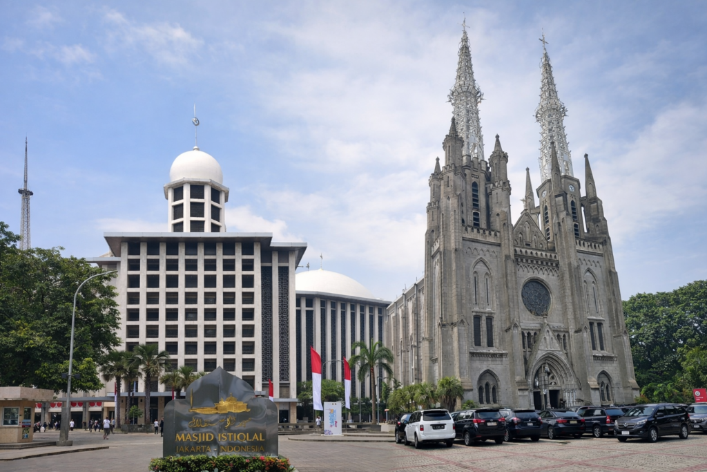 Istiqlal Mosque Jakarta met Jakarta Cathedral tegenover elkaar