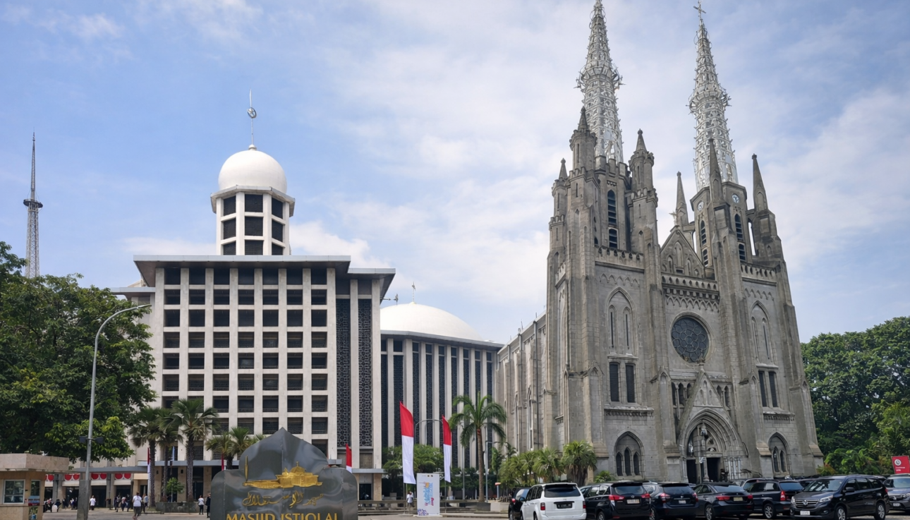 Istiqlal Mosque Jakarta met Jakarta Cathedral tegenover elkaar
