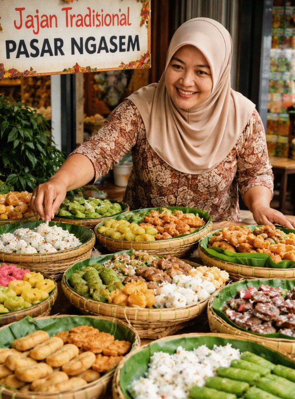 Lokale verkoper van traditionele Indonesische snacks op Pasar Ngasem in Yogyakarta