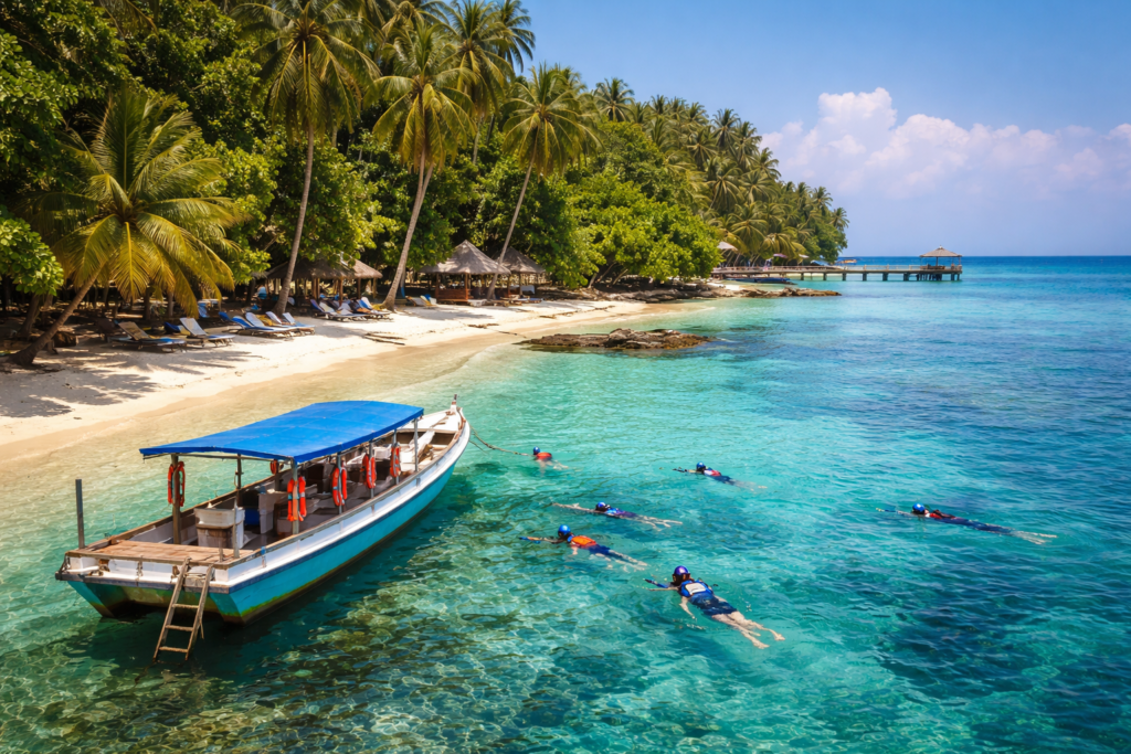 Snorkelaars en een traditionele boot bij een tropisch eiland in de Thousand Islands Jakarta, met helderblauw water en witte zandstranden