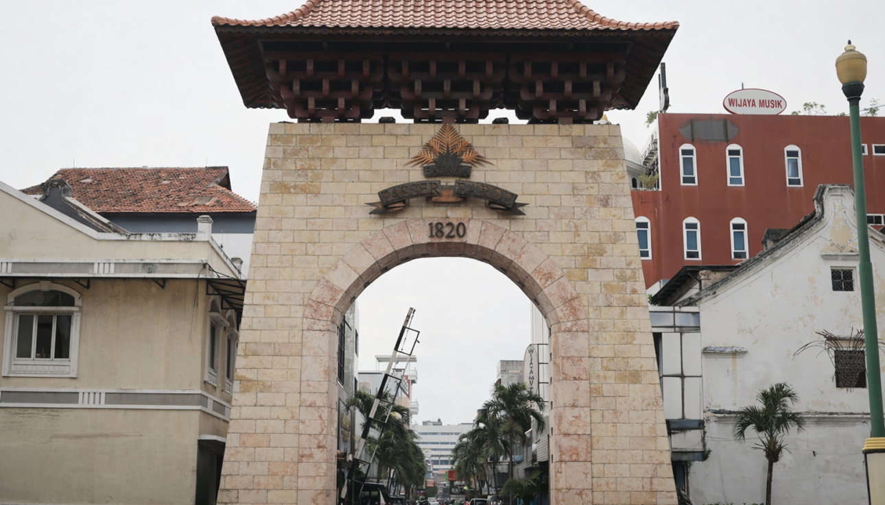 Straatbeeld van Pasar Baru Jakarta met marktkraampjes en koloniale gebouwen