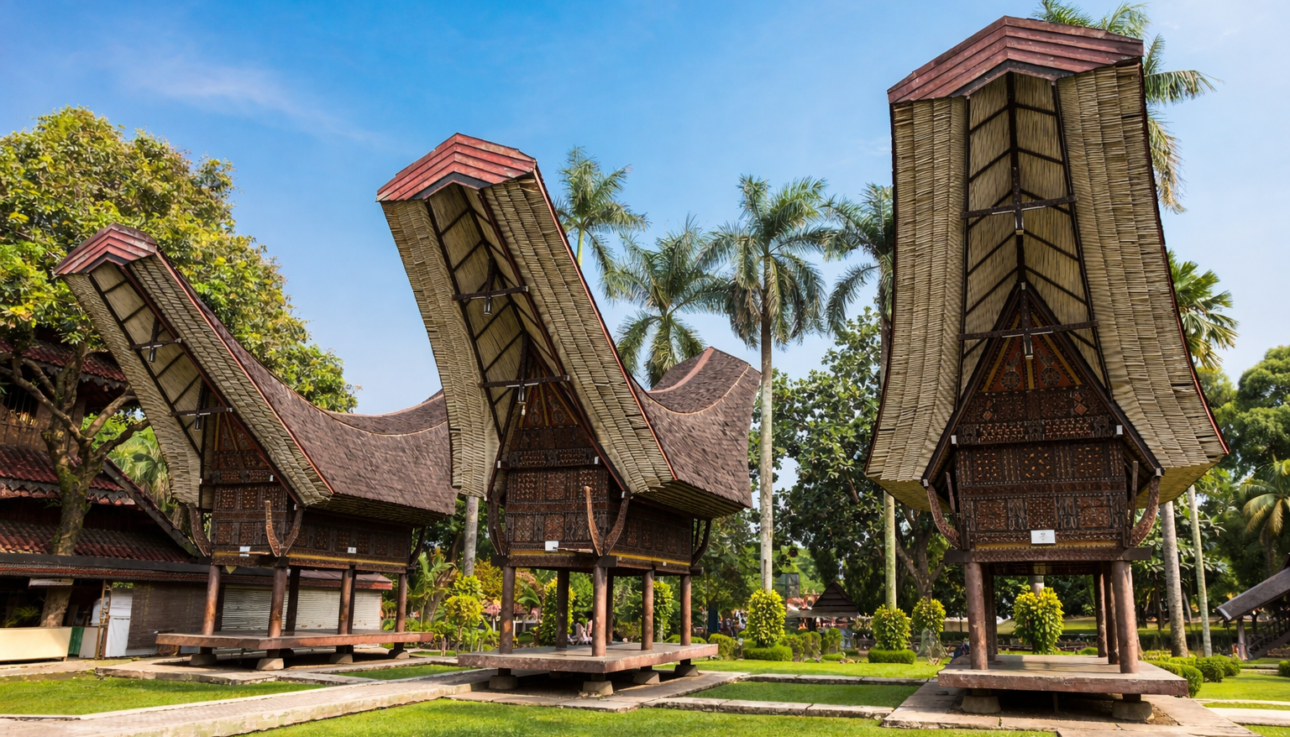 Taman Mini Indonesia Indah Jakarta met traditionele huizen en culturele paviljoens
